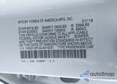 2018 Honda Accord Sport 2.0T из США, поврежденный, VIN 1HGCV2F34JA016257